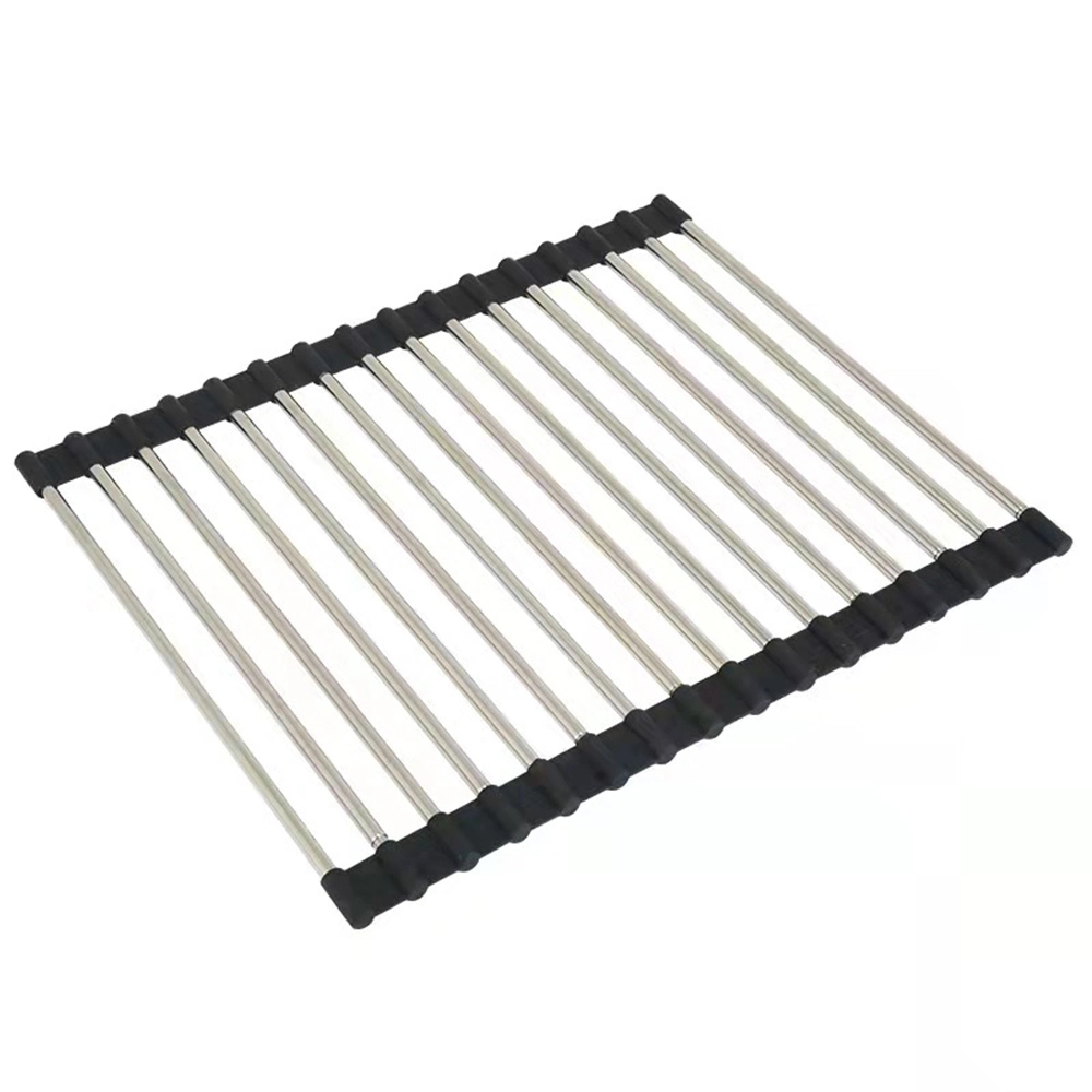 Hot Folding Dish Drying Rack Silicone & Stainless Steel Roll up Kitchen Gadget Tool Supply Rust-Free Dish Drying Rack
